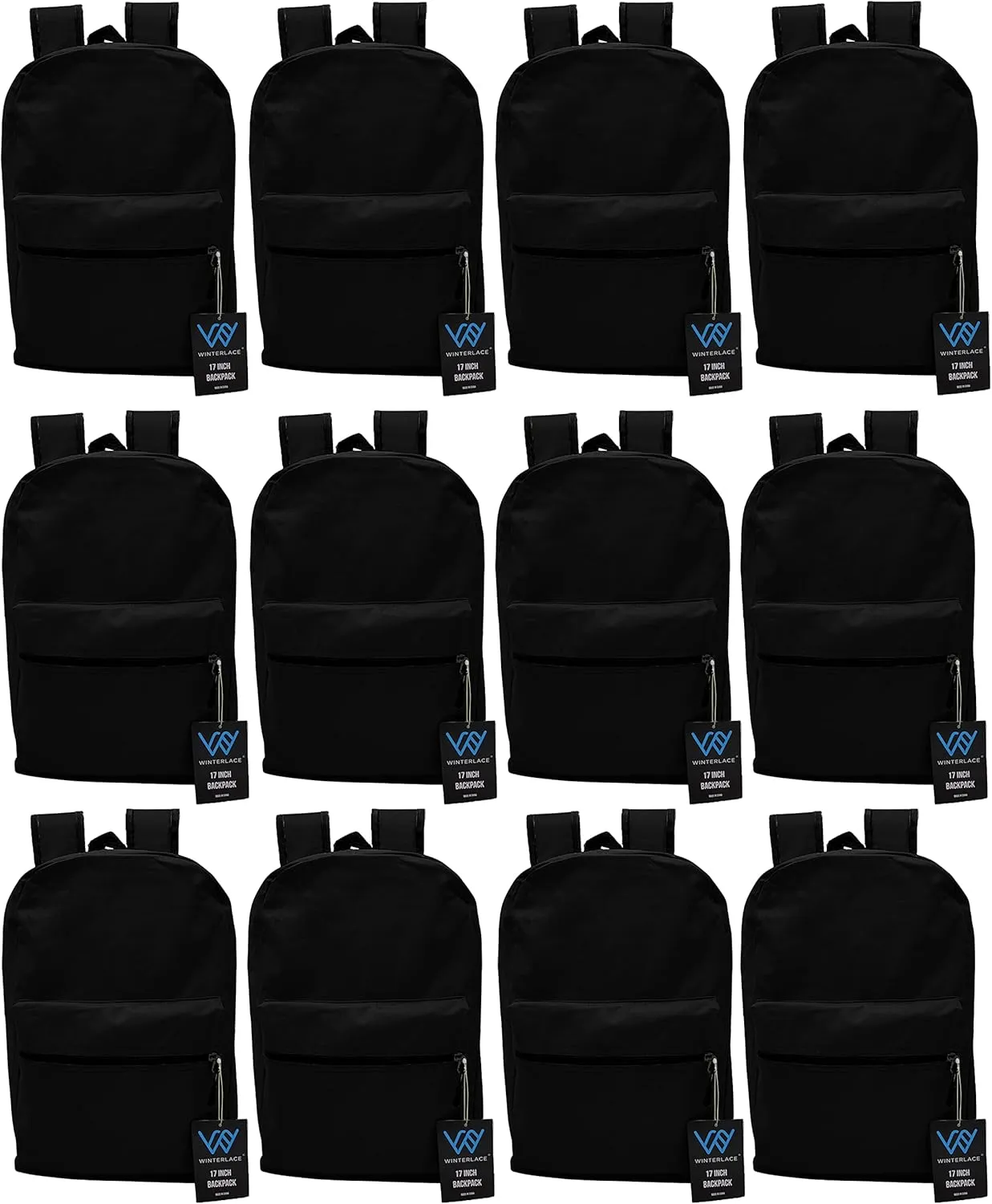 12 Pack Backpack, Bulk 17 inch Lightweight Outdoor Travel Gym Corporate Events Bag (Black)