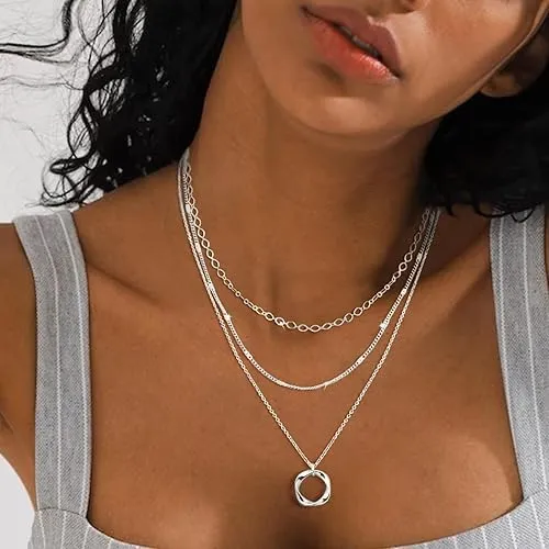 14K Gold/Silver Plated Layered Gold Necklaces for Women Dainty Stackable Choker Necklaces with Cuba Cross & Circle Pendants