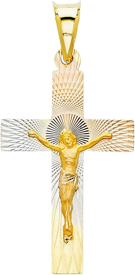 14K Tri Color Gold Diamond Cut Crucifix Jesus Cross Stamp Religious Pendant - Crucifix Charm Polish Finish - Handmade Spiritual Symbol - Gold Stamped Fine Jewelry - Great Gift for Men & Women for Occasions, 30 x 18 mm, 1.4 gms