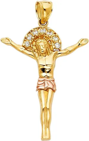 14K Two Tone Gold Cubic Zirconia Religious Jesus Christ Body Pendant - Crucifix Charm Polish Finish - Handmade Spiritual Symbol - Gold Stamped Fine Jewelry - Great Gift for Men & Women for Occasions, 31 x 24 mm, 1.7 gms