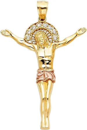 14K Two Tone Gold Cubic Zirconia Religious Jesus Christ Body Pendant - Crucifix Charm Polish Finish - Handmade Spiritual Symbol - Gold Stamped Fine Jewelry - Great Gift for Men & Women for Occasions, 42 x 33 mm, 3.2 gms