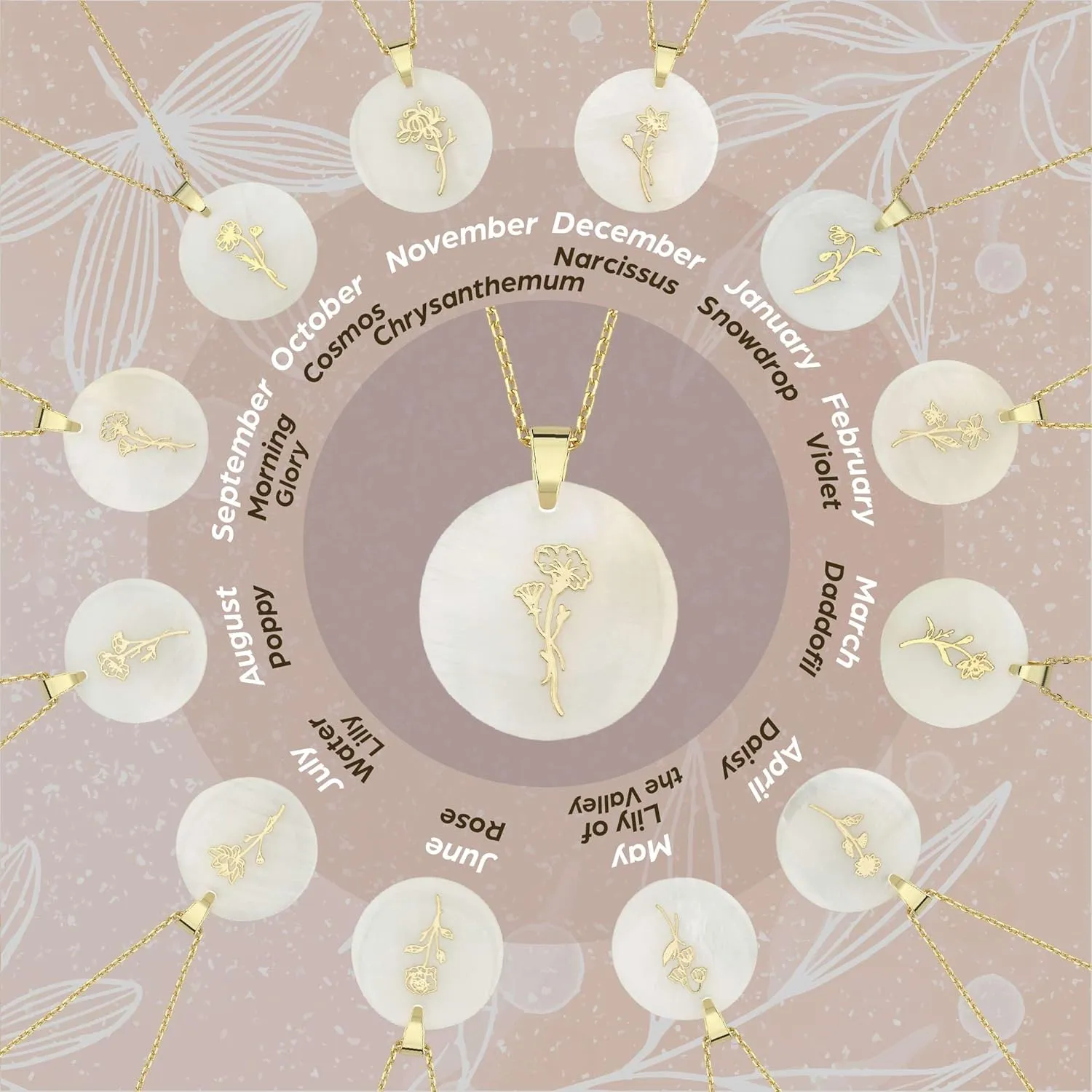 18ct Gold Vermeil Birthflower Genuine Mother of Pearl Necklaces for Women - 925K Sterling Silver Necklaces with Chain Options