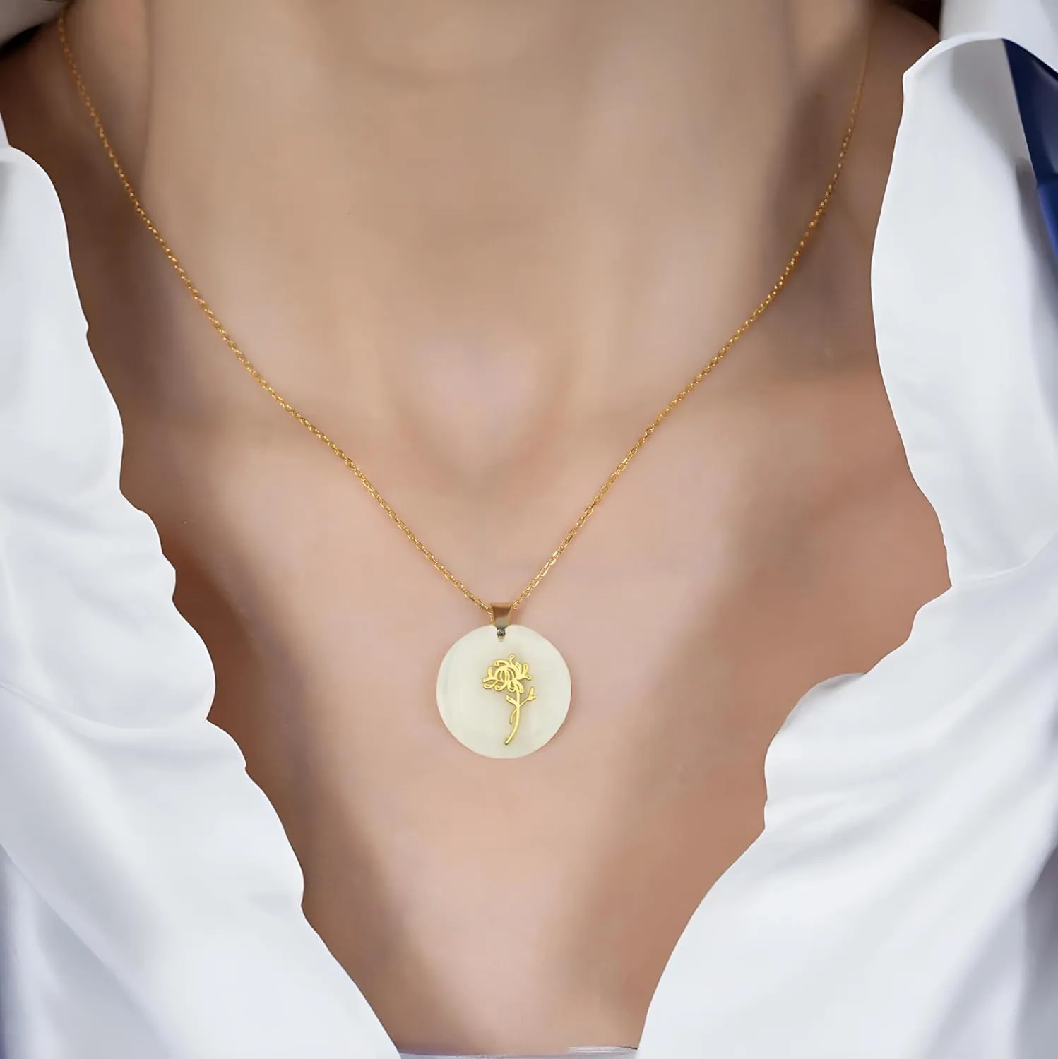 18ct Gold Vermeil Birthflower Genuine Mother of Pearl Necklaces for Women - 925K Sterling Silver Necklaces with Chain Options