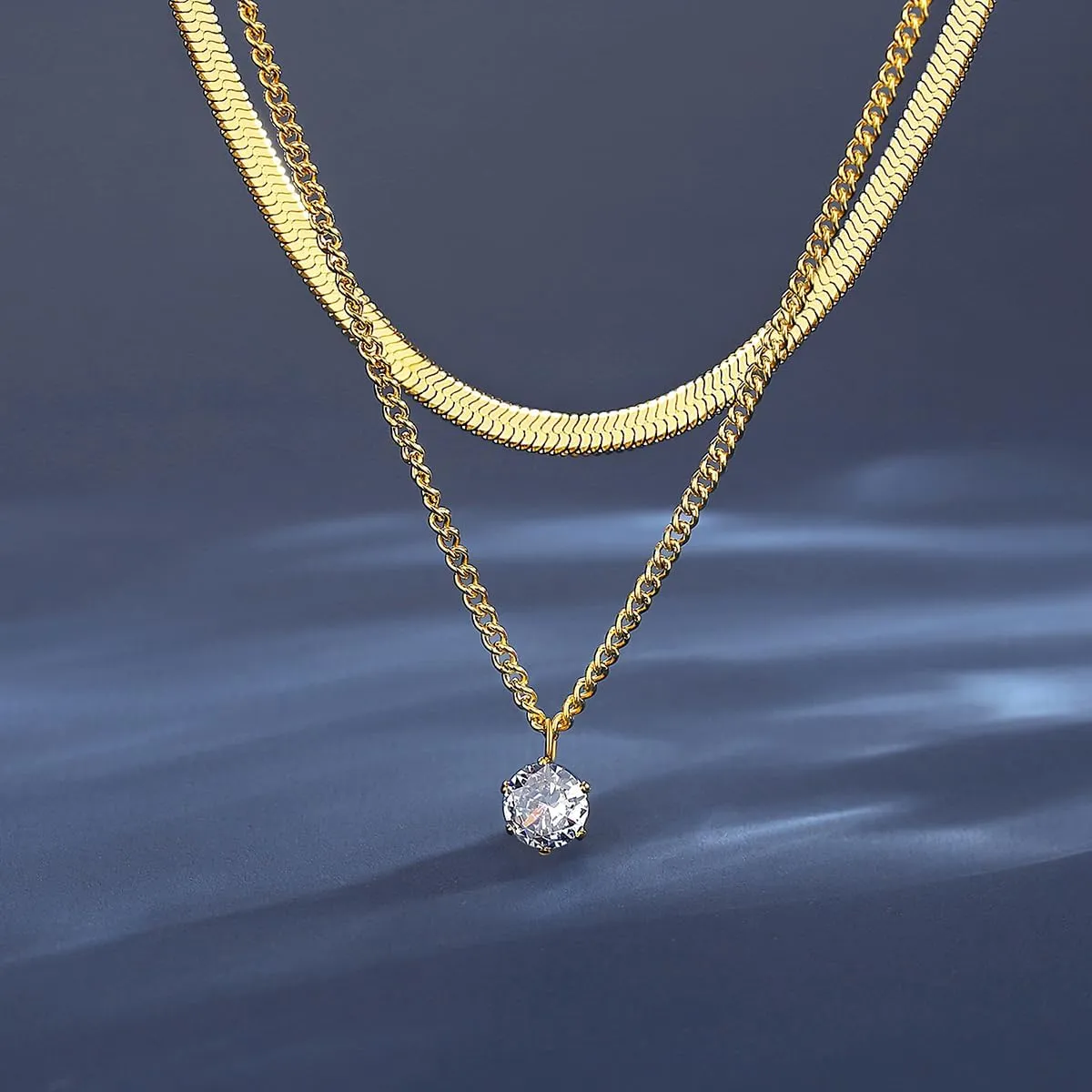 18K Gold Plated Layering Necklaces for Women Herringbone Choker Necklace Stylish Minimalist Design Solitaire Cubic Zirconia Women Necklaces