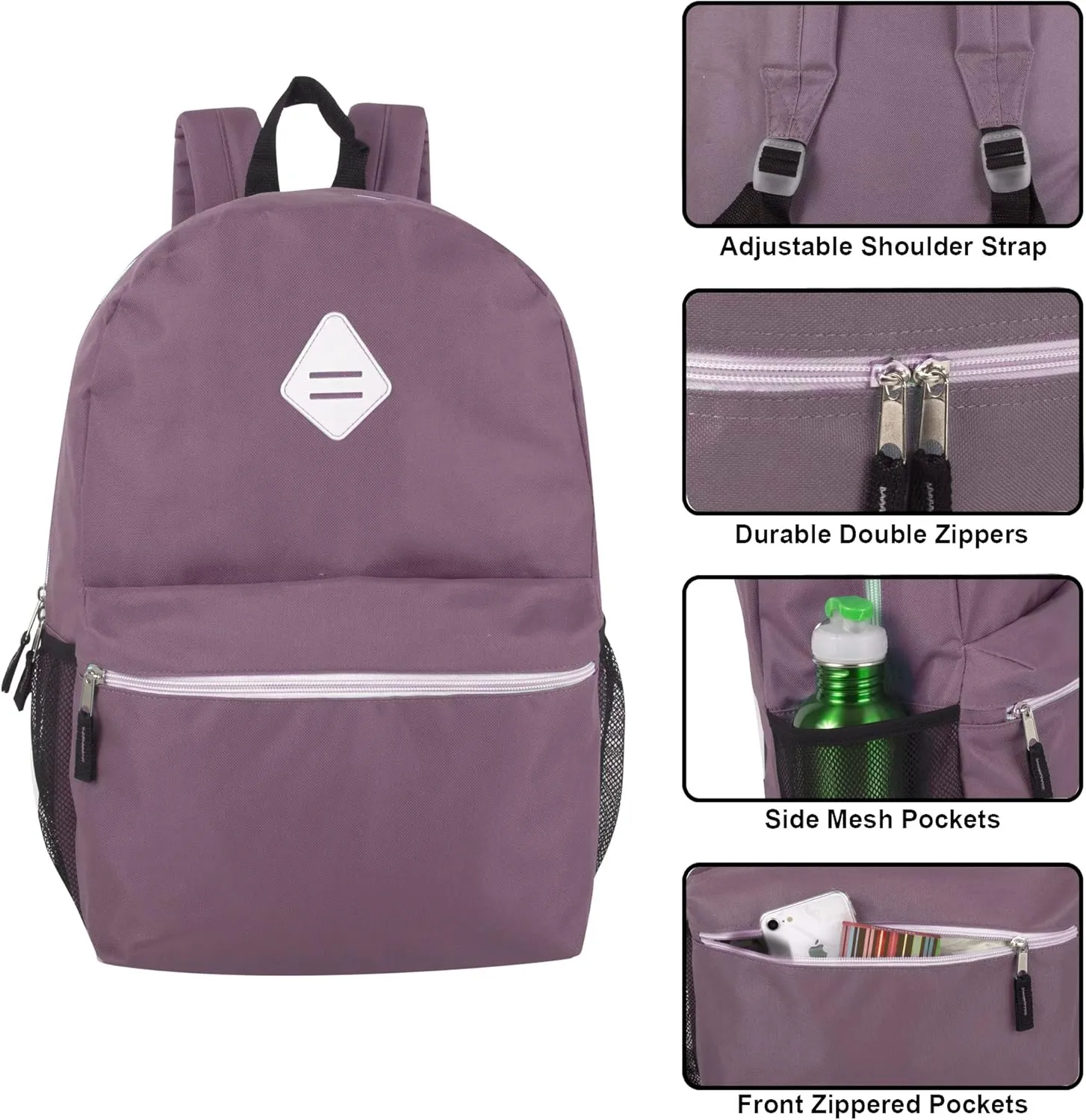 19 Inch School Backpacks with Mesh Side Pockets  Basic Large Solid Color Backpacks for Kids, Men, Women, Travel (Purple/Lilac)