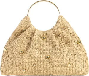 2025 Chic Straw Tote Bag Round Handheld Elegant Evening Clutch Women Party Handbag Metal Handle Beaded