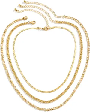 3 Layer Necklaces for Womens, Womens Necklaces Fashion Trendy Adjustable White Gold Plated Figaro and Cuban Chain Necklace
