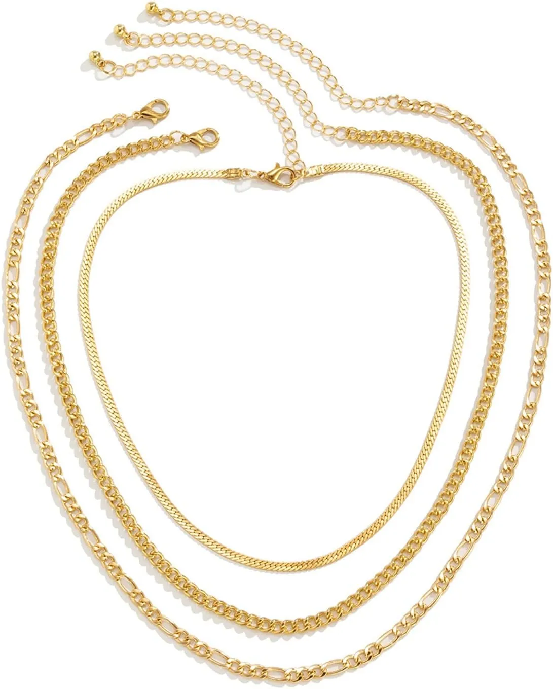 3 Layer Necklaces for Womens, Womens Necklaces Fashion Trendy Adjustable White Gold Plated Figaro and Cuban Chain Necklace