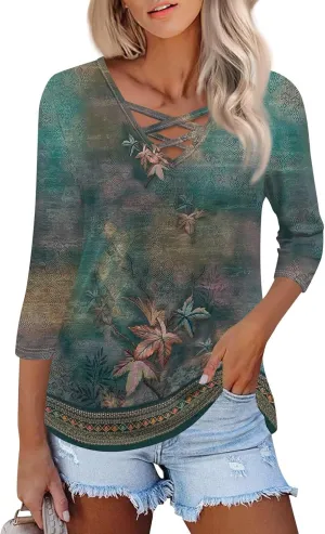 3/4 Length Sleeve Womens Tops Cross Collar Floral Print Lightweight Going Out T-Shirts Summer Casual Fashion Tees 2025