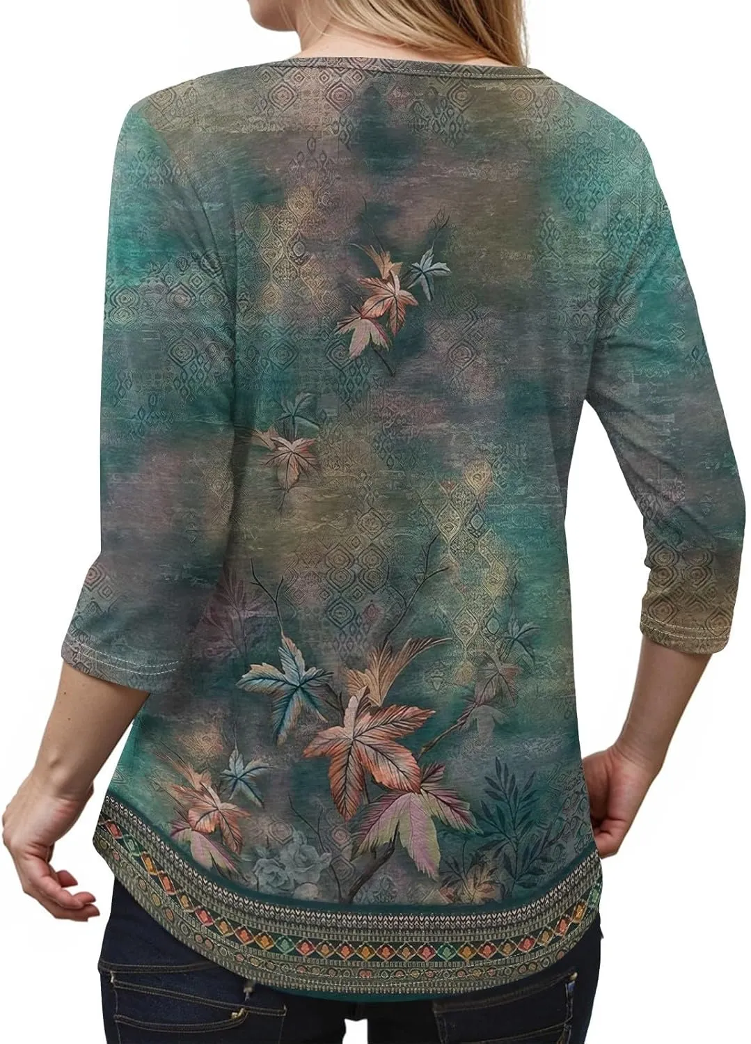 3/4 Length Sleeve Womens Tops Cross Collar Floral Print Lightweight Going Out T-Shirts Summer Casual Fashion Tees 2025