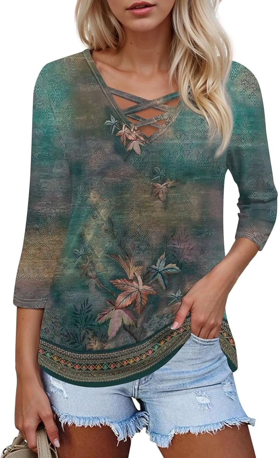 3/4 Length Sleeve Womens Tops Cross Collar Floral Print Lightweight Going Out T-Shirts Summer Casual Fashion Tees 2025