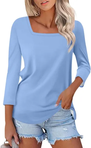 3/4 Length Sleeve Womens Tops Square Neck Casual Cute Shirts Three Quarter Length Dressy Blouses Workout Tunic Tops