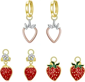 925 Sterling Silver Hoop Dangle Earrings Set of 3,Strawberry/Cherry Fruits Interchangeable Dangle Earrings Gifts For Women