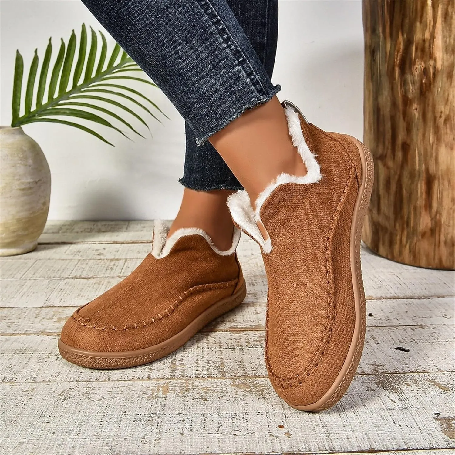 Ankle Boots for Women Low Heel Slip On Walking Shoes Hiking Boots Women Waterproof Round Toe Flat Casual Shoes