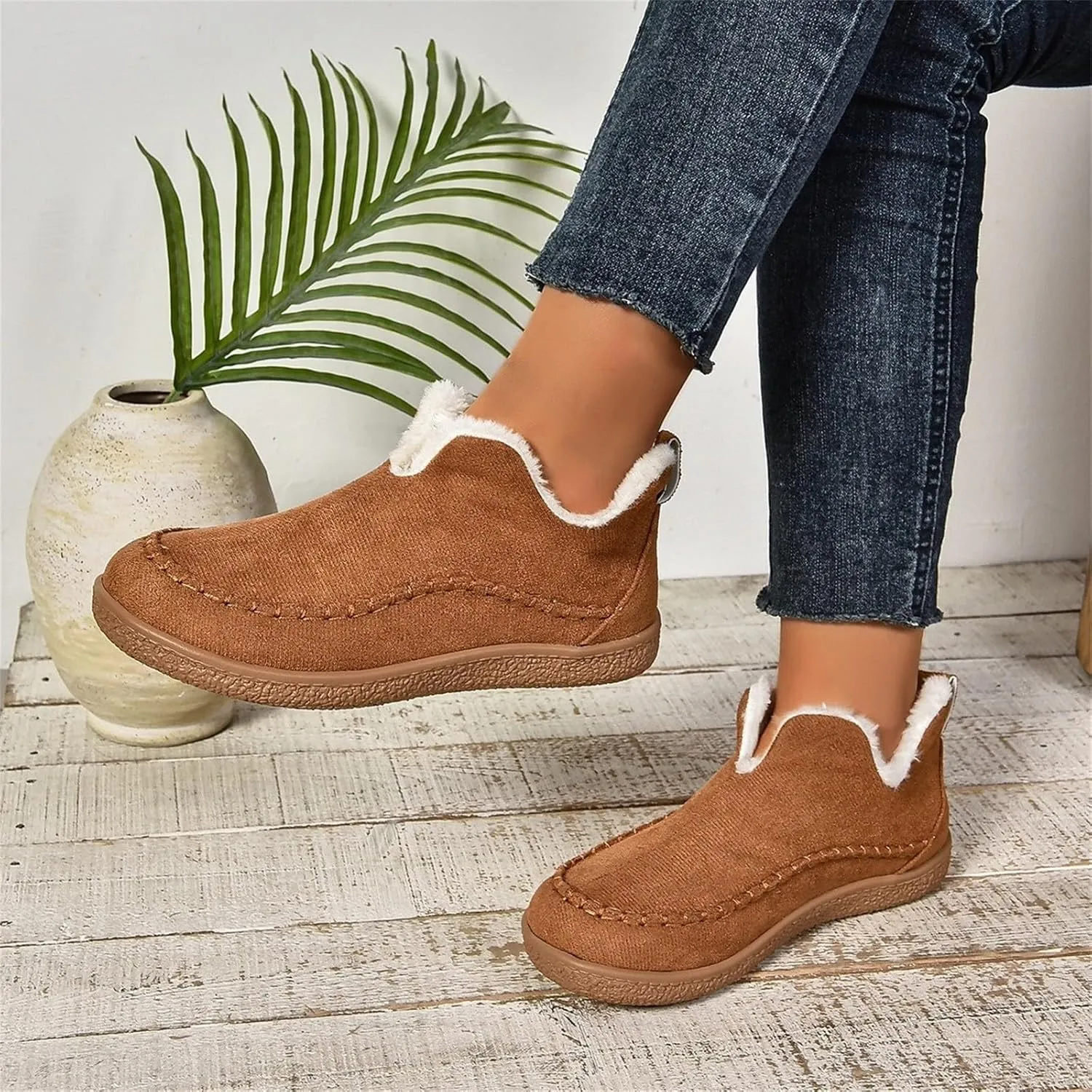 Ankle Boots for Women Low Heel Slip On Walking Shoes Hiking Boots Women Waterproof Round Toe Flat Casual Shoes