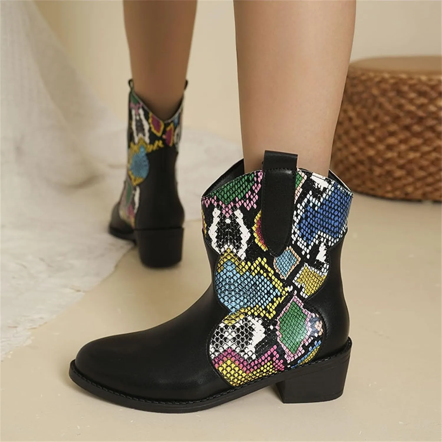 Ankle Cowboy Boots for Women Botas Mujer Heels Boots Leather Wedge Boots for Women Mens Black Round toe Ankle High Western Boots Wide Width Dress Booties for Women Plus Size