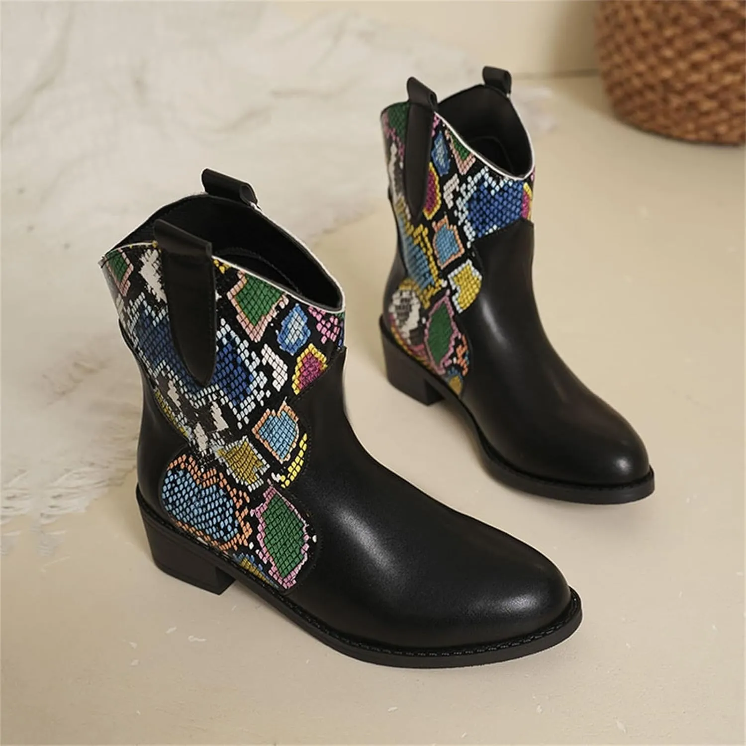 Ankle Cowboy Boots for Women Botas Mujer Heels Boots Leather Wedge Boots for Women Mens Black Round toe Ankle High Western Boots Wide Width Dress Booties for Women Plus Size