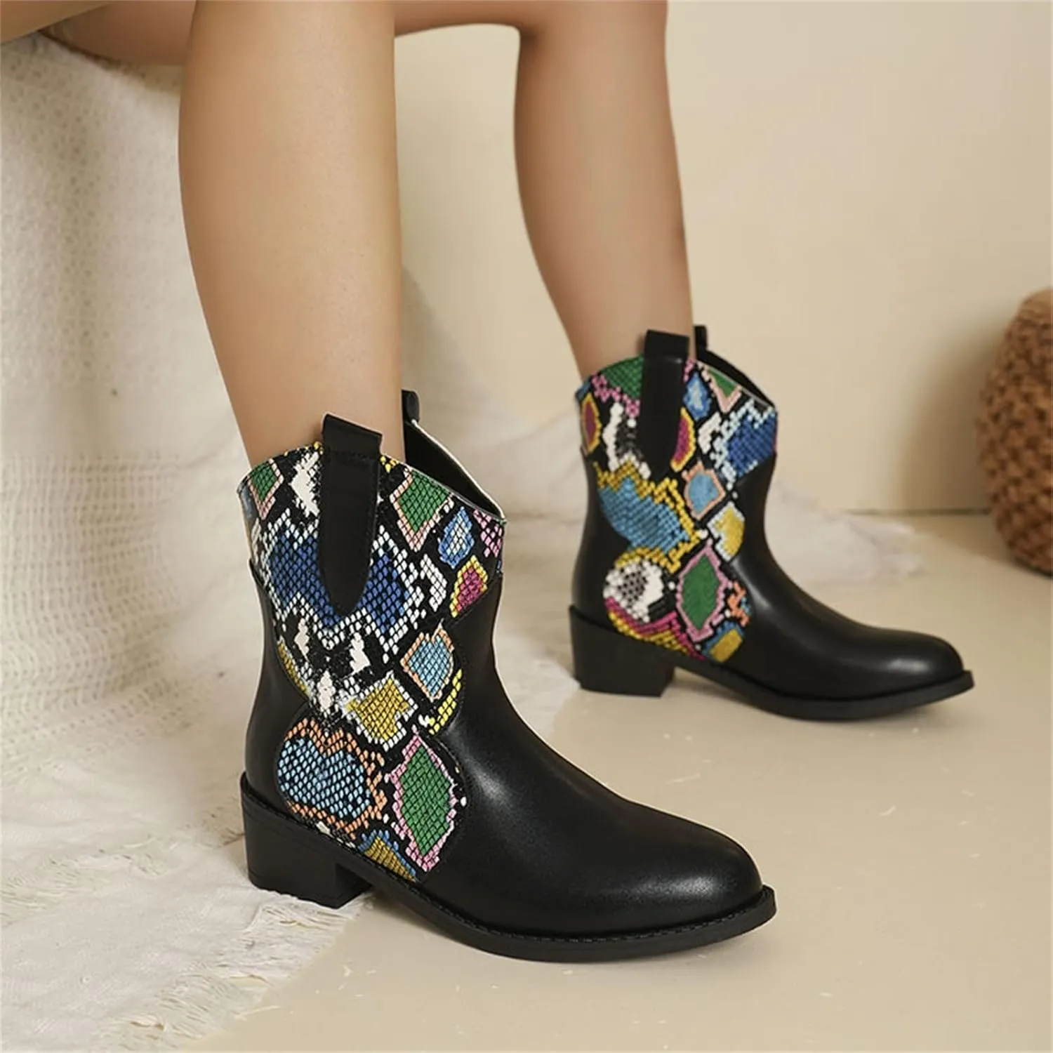 Ankle Cowboy Boots for Women Botas Mujer Heels Boots Leather Wedge Boots for Women Mens Black Round toe Ankle High Western Boots Wide Width Dress Booties for Women Plus Size