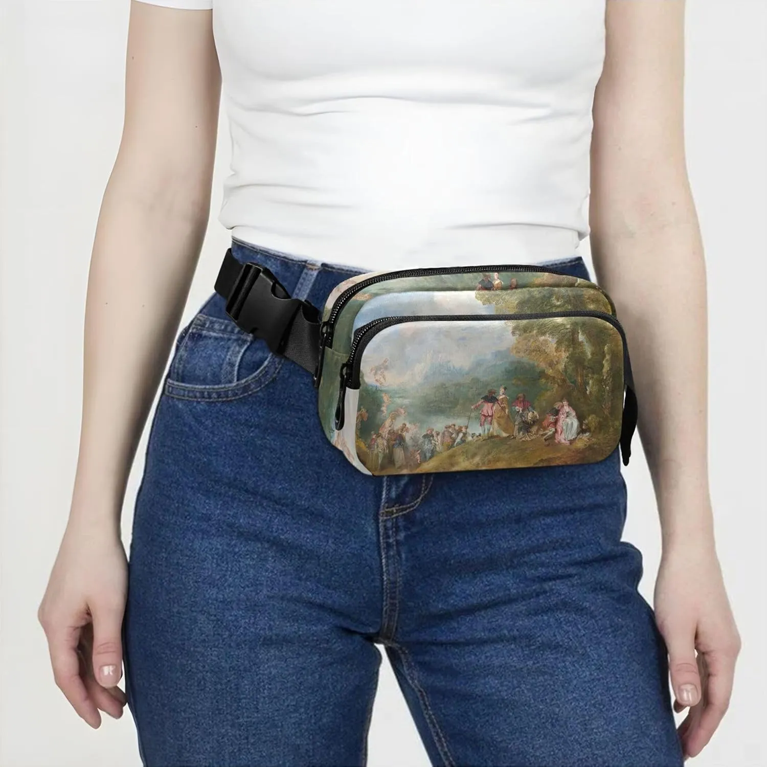 Antoine Watteau Prints Embarkation Cythera Womens Fanny Pack Funny Everywhere Belt Bag Waterproof Crossbody Waist Bag