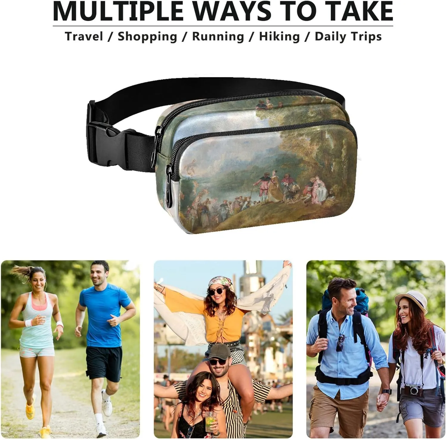 Antoine Watteau Prints Embarkation Cythera Womens Fanny Pack Funny Everywhere Belt Bag Waterproof Crossbody Waist Bag