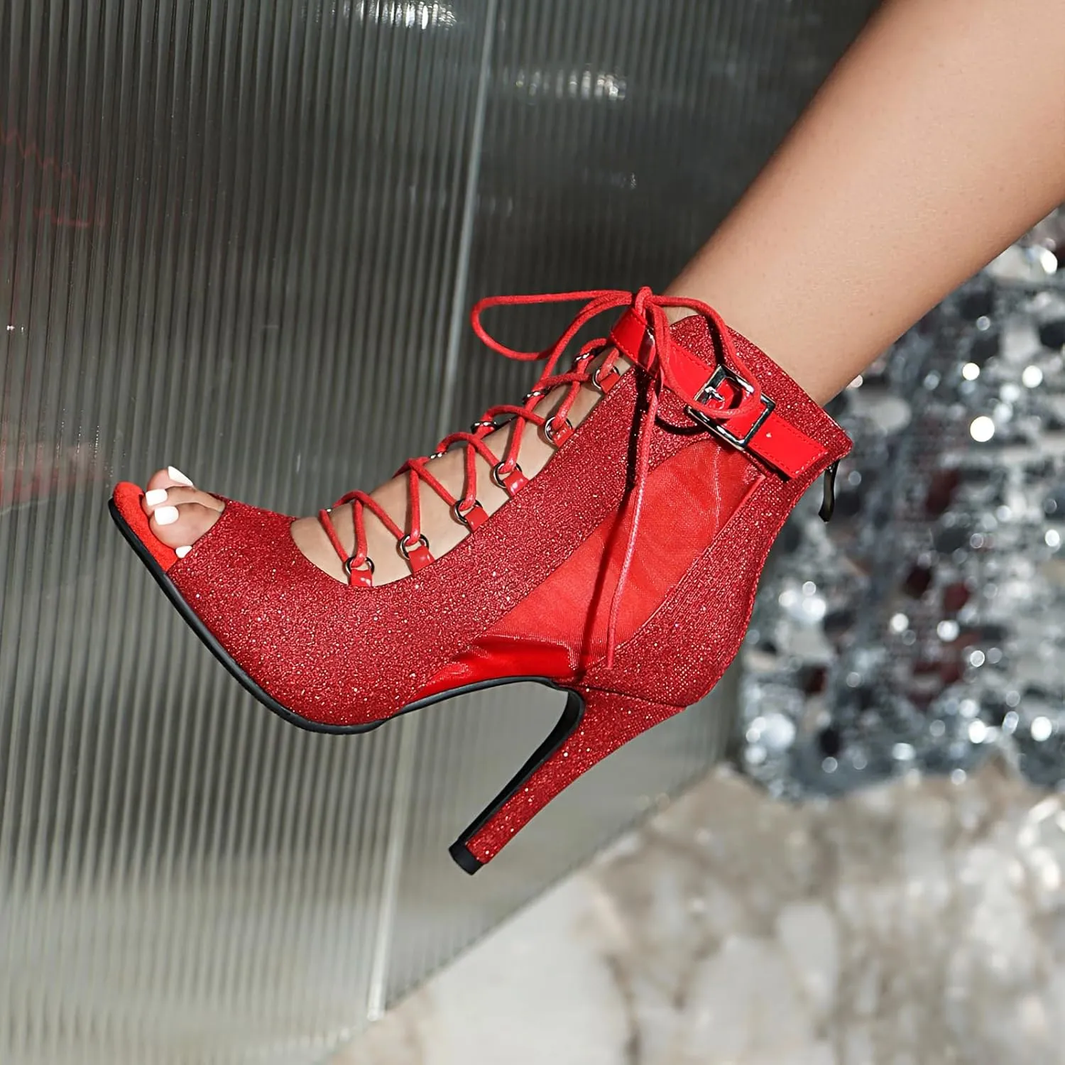 AOQUNFS Women Latin Dance Shoes Glitter Ballroom Salsa Dance Boots Practice Performance Dance Heels