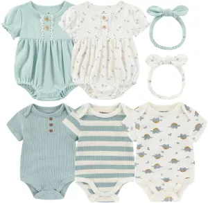 Baby Girls Boys Short Sleeve Outfit With Headband Set Clothes New Born Infant Cotton Bodysuits 7-Pack 0-12M