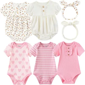 Baby Girls Boys Short Sleeve Outfit With Headband Set Clothes New Born Infant Cotton Bodysuits 7-Pack 0-12M