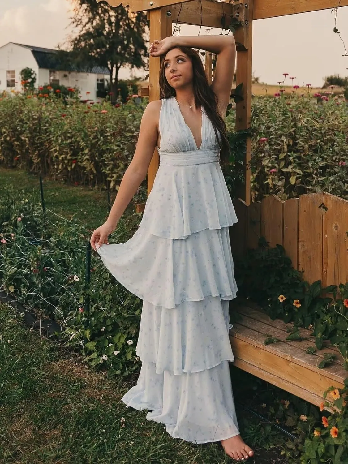 BANTRATIC Ruffle Tiered Bridesmaid Dress for Women Deep V-Neck Empire Long Chiffon Formal Wedding Guest Evening Prom Gown