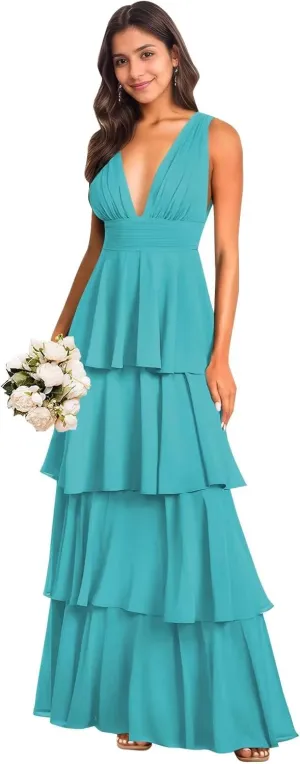 BANTRATIC Ruffle Tiered Bridesmaid Dress for Women Deep V-Neck Empire Long Chiffon Formal Wedding Guest Evening Prom Gown