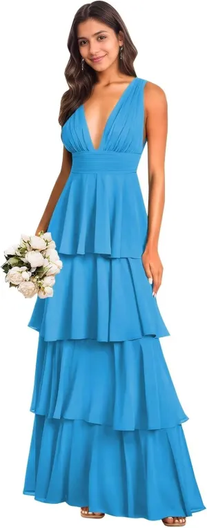 BANTRATIC Ruffle Tiered Bridesmaid Dress for Women Deep V-Neck Empire Long Chiffon Formal Wedding Guest Evening Prom Gown