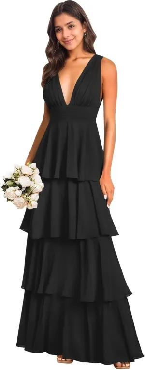 BANTRATIC Ruffle Tiered Bridesmaid Dress for Women Deep V-Neck Empire Long Chiffon Formal Wedding Guest Evening Prom Gown