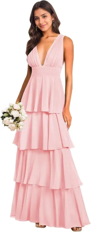 BANTRATIC Ruffle Tiered Bridesmaid Dress for Women Deep V-Neck Empire Long Chiffon Formal Wedding Guest Evening Prom Gown