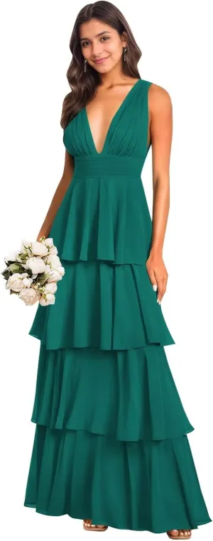 BANTRATIC Ruffle Tiered Bridesmaid Dress for Women Deep V-Neck Empire Long Chiffon Formal Wedding Guest Evening Prom Gown