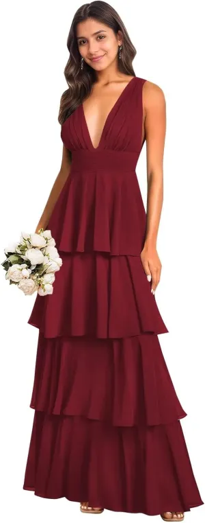 BANTRATIC Ruffle Tiered Bridesmaid Dress for Women Deep V-Neck Empire Long Chiffon Formal Wedding Guest Evening Prom Gown