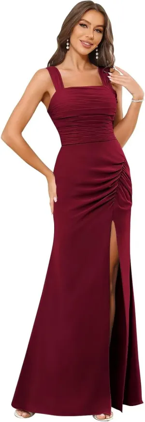 BANTRATIC Spaghetti Straps Bridesmaid Dress Chiffon Ruched Bust Wedding Guest Gown Mermaid Long Formal Prom Cocktail Gown