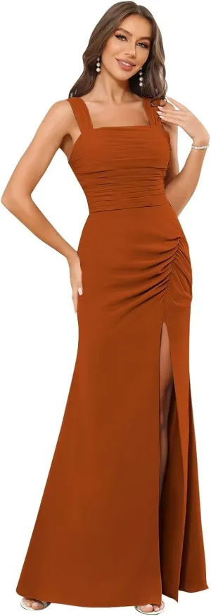 BANTRATIC Spaghetti Straps Bridesmaid Dress Chiffon Ruched Bust Wedding Guest Gown Mermaid Long Formal Prom Cocktail Gown