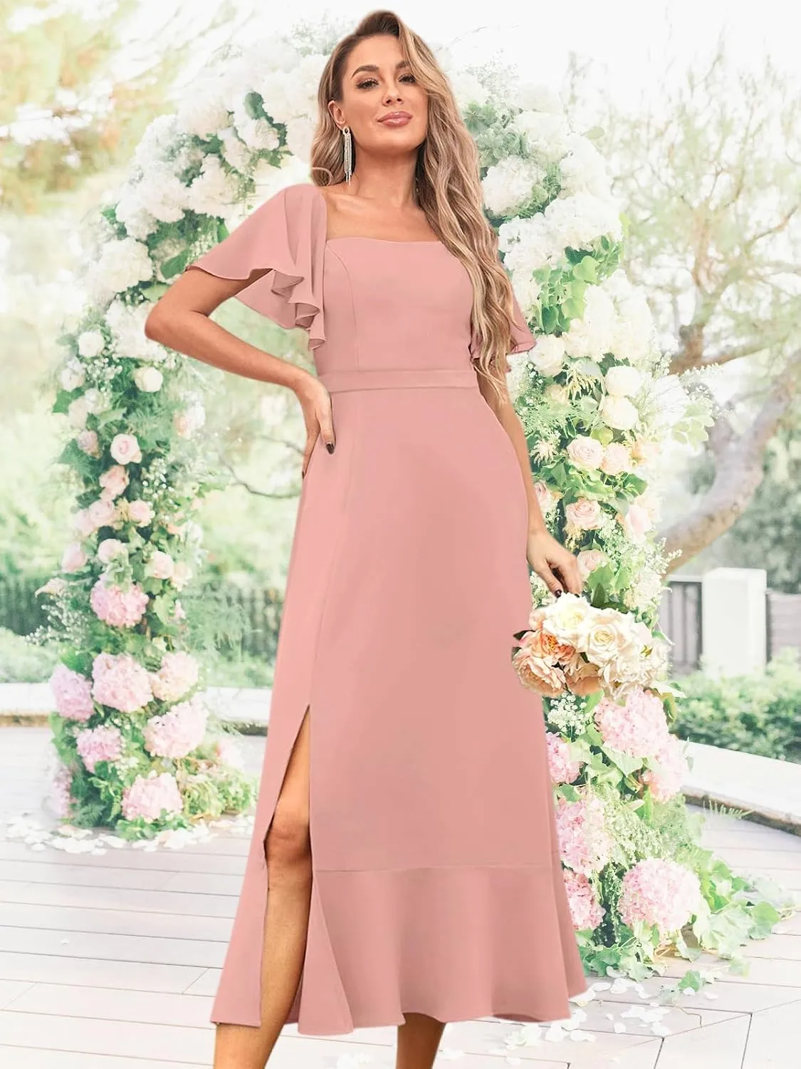 BANTRATIC Women's Square Neck Bridesmaid Dress Midi Chiffon Corset Wedding Guest Formal Evening Dress Ruffle Sleeve Split