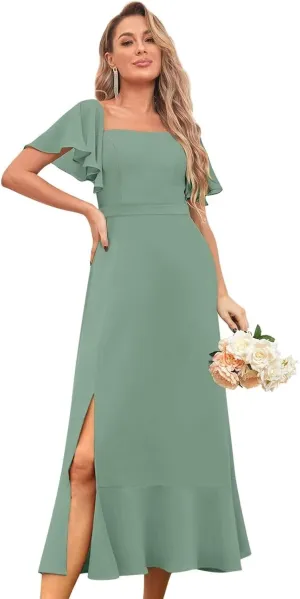 BANTRATIC Women's Square Neck Bridesmaid Dress Midi Chiffon Corset Wedding Guest Formal Evening Dress Ruffle Sleeve Split