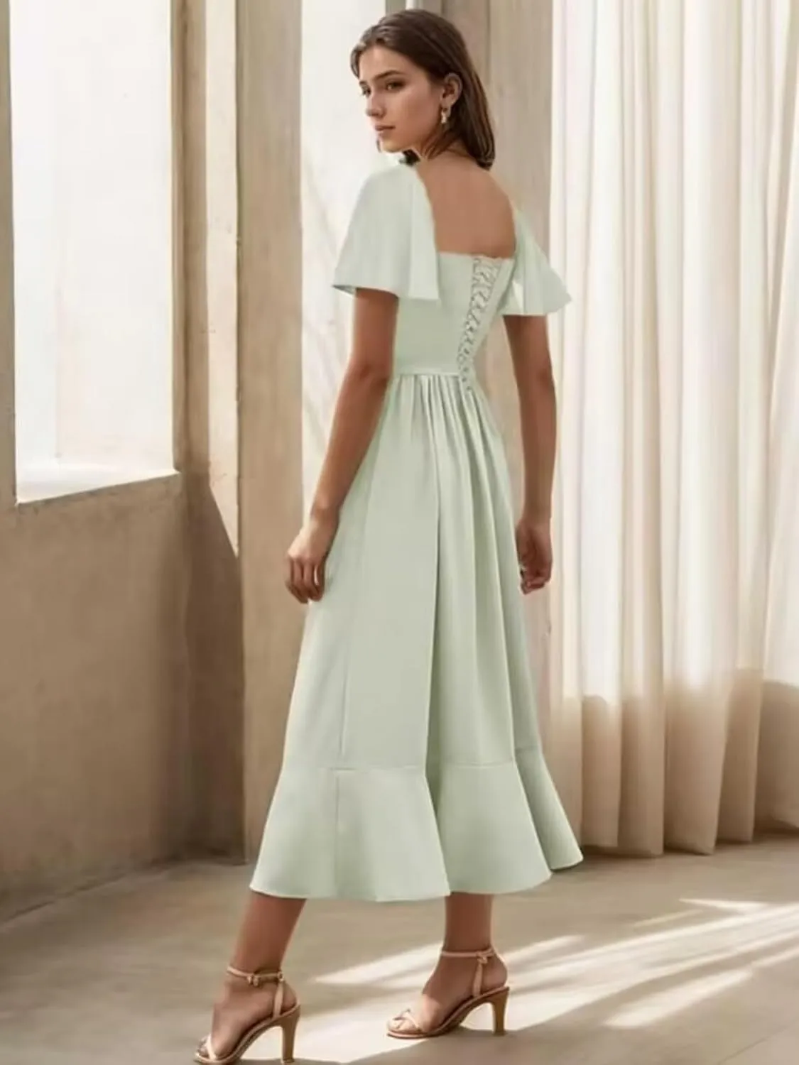 BANTRATIC Women's Square Neck Bridesmaid Dress Midi Chiffon Corset Wedding Guest Formal Evening Dress Ruffle Sleeve Split