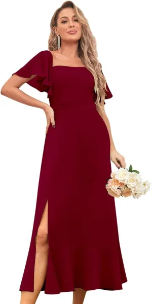 BANTRATIC Women's Square Neck Bridesmaid Dress Midi Chiffon Corset Wedding Guest Formal Evening Dress Ruffle Sleeve Split