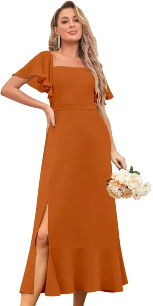 BANTRATIC Women's Square Neck Bridesmaid Dress Midi Chiffon Corset Wedding Guest Formal Evening Dress Ruffle Sleeve Split