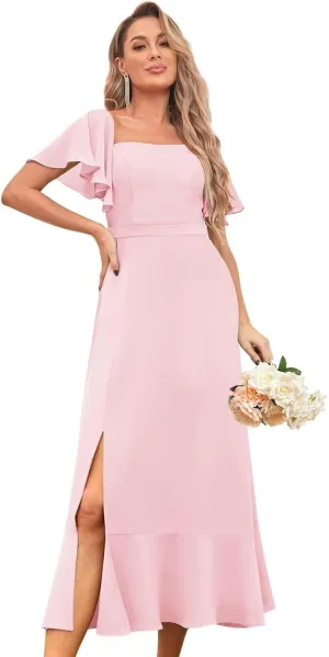 BANTRATIC Women's Square Neck Bridesmaid Dress Midi Chiffon Corset Wedding Guest Formal Evening Dress Ruffle Sleeve Split