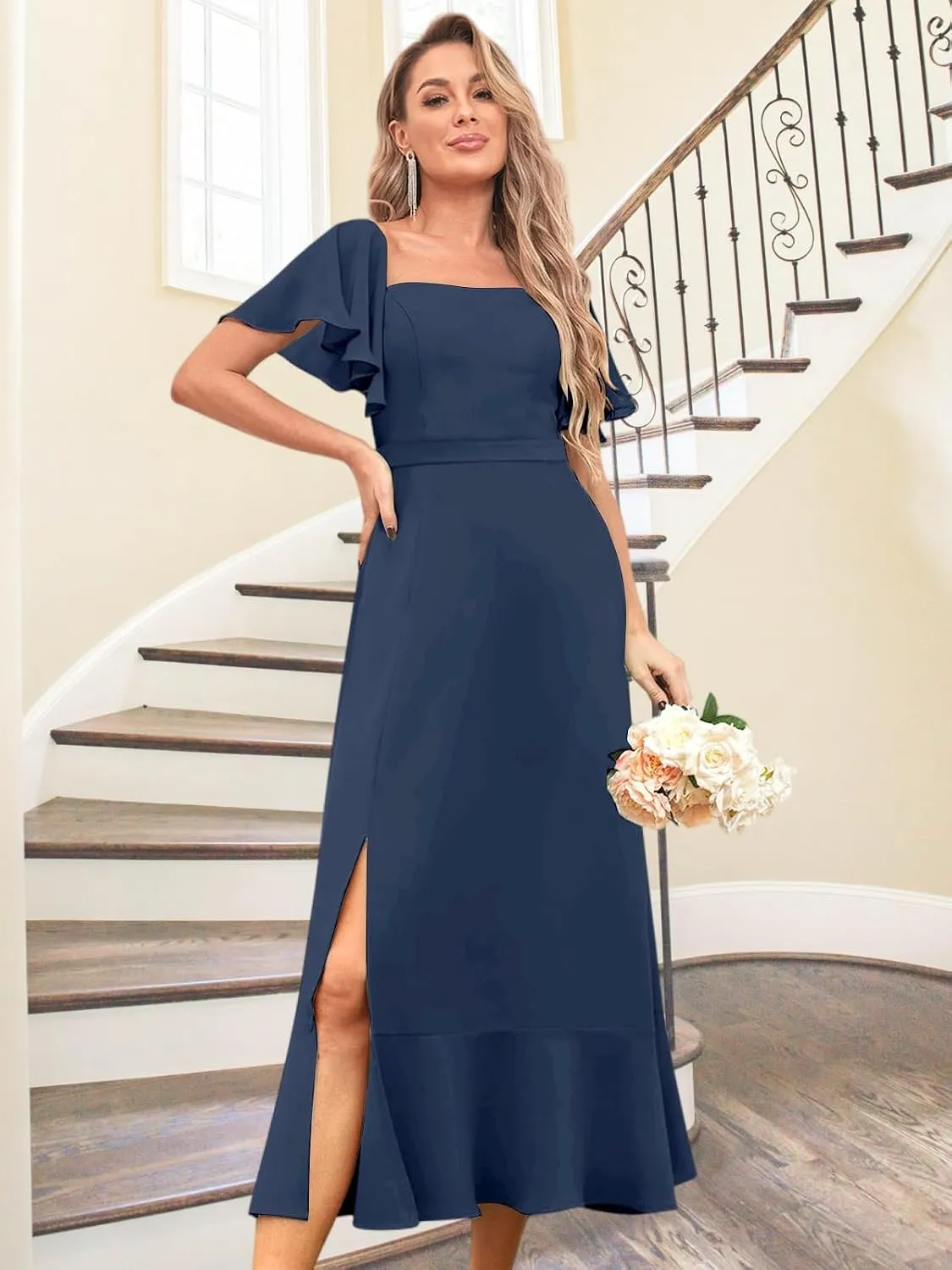 BANTRATIC Women's Square Neck Bridesmaid Dress Midi Chiffon Corset Wedding Guest Formal Evening Dress Ruffle Sleeve Split