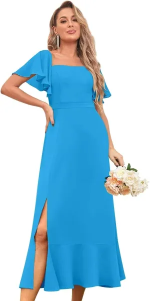 BANTRATIC Women's Square Neck Bridesmaid Dress Midi Chiffon Corset Wedding Guest Formal Evening Dress Ruffle Sleeve Split