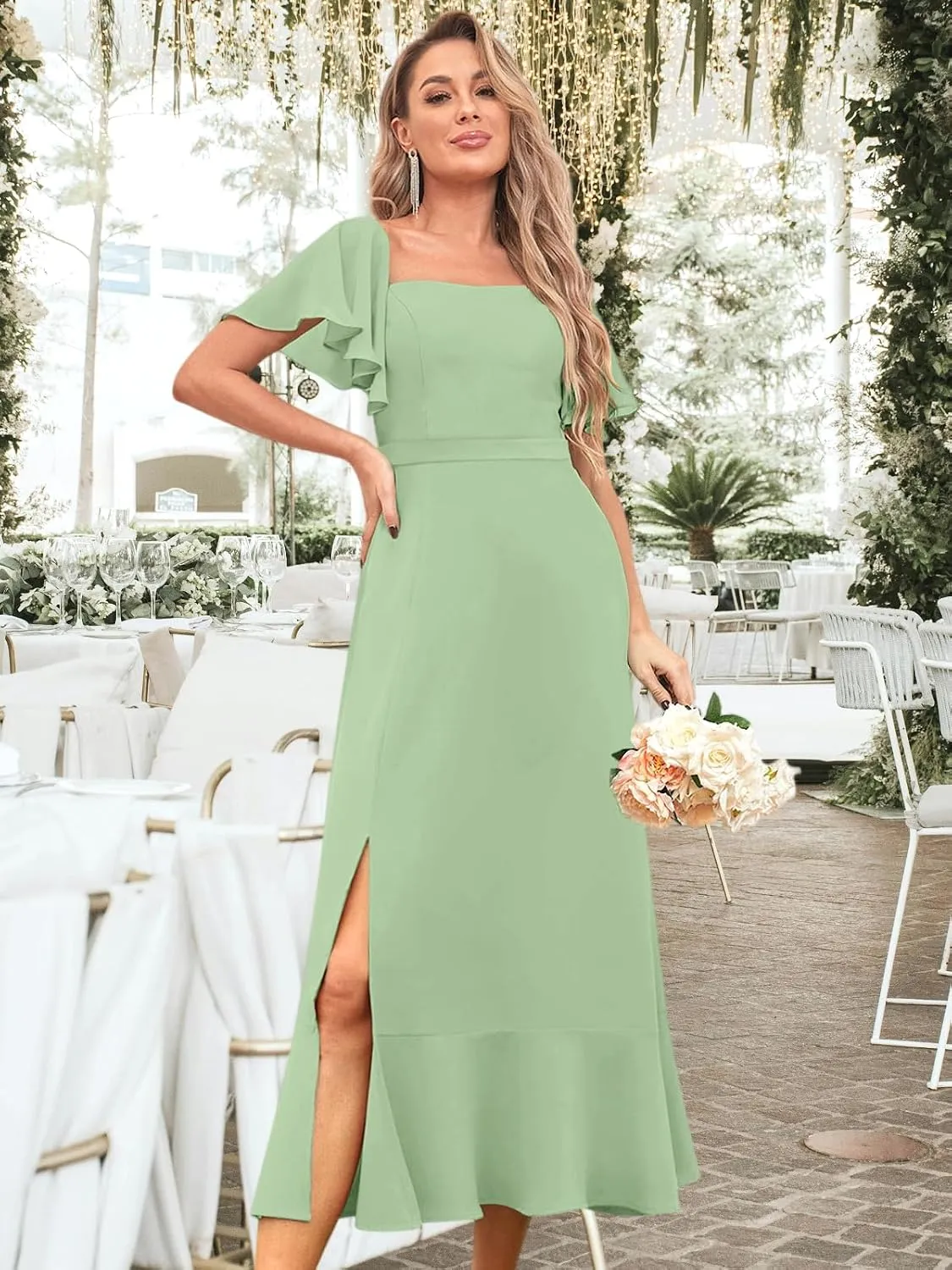 BANTRATIC Women's Square Neck Bridesmaid Dress Midi Chiffon Corset Wedding Guest Formal Evening Dress Ruffle Sleeve Split