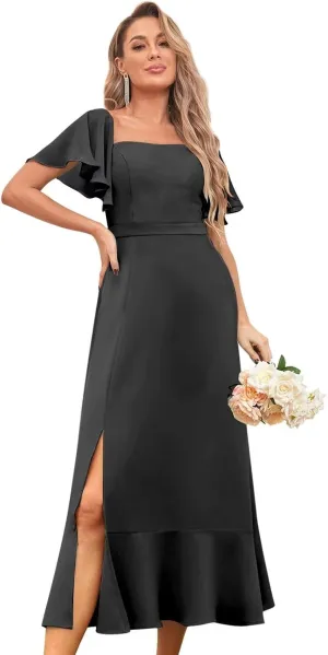 BANTRATIC Women's Square Neck Bridesmaid Dress Midi Chiffon Corset Wedding Guest Formal Evening Dress Ruffle Sleeve Split