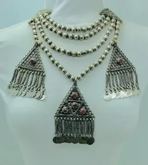 Beaded Layered Necklace, Silver Gypsy Vintage Necklace With Three Dangling Pendants, Boho Necklace, Oversized Necklace, Vintage Jewelry