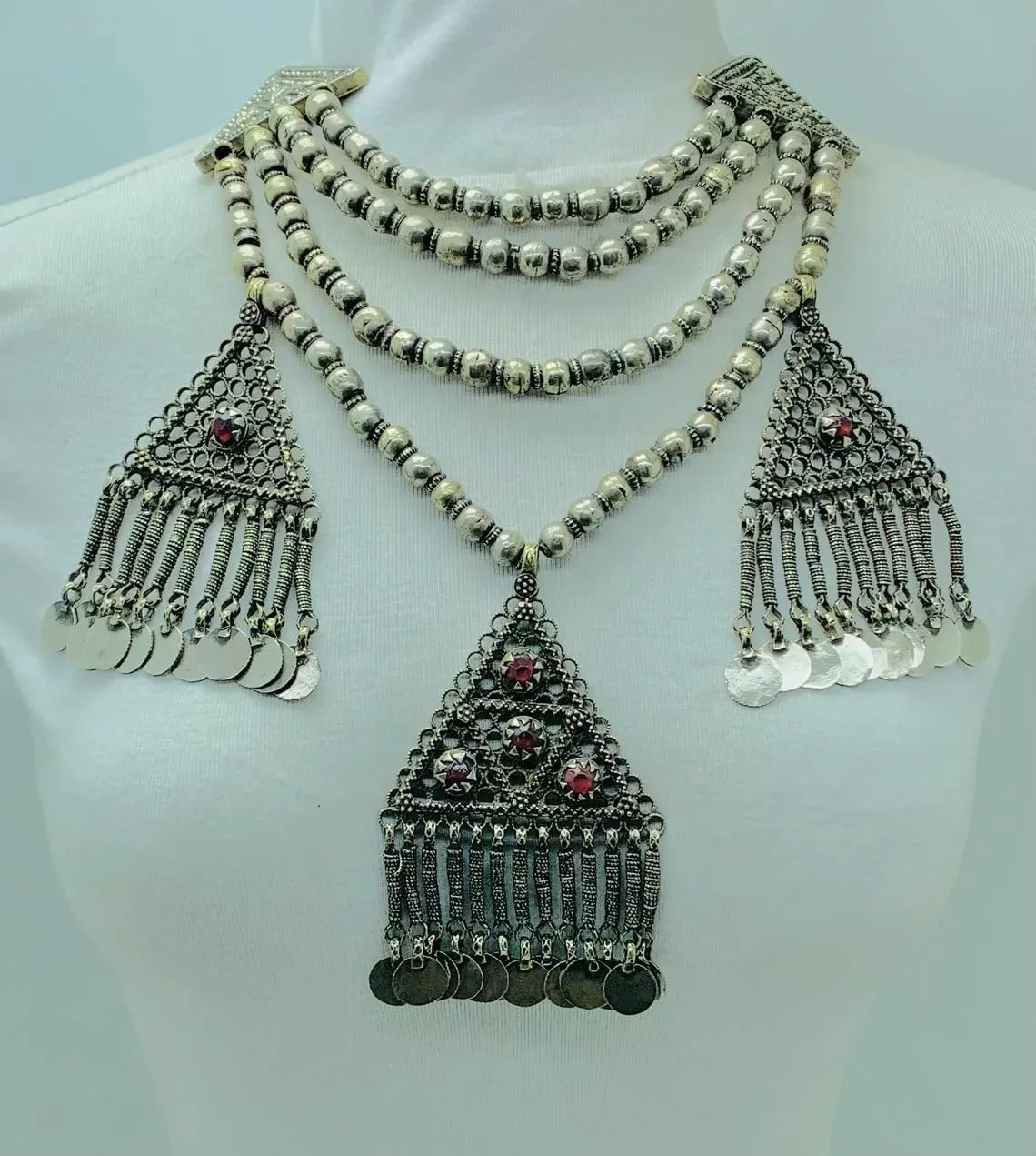 Beaded Layered Necklace, Silver Gypsy Vintage Necklace With Three Dangling Pendants, Boho Necklace, Oversized Necklace, Vintage Jewelry