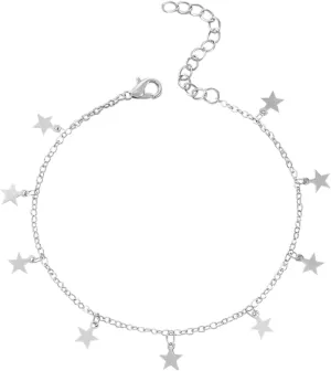 Beads Satellite Anklets for Lady Cute Jewelry Womens Boho Star Adjustable Chain Anklet for Birthday Gifts (Silver, One Size)
