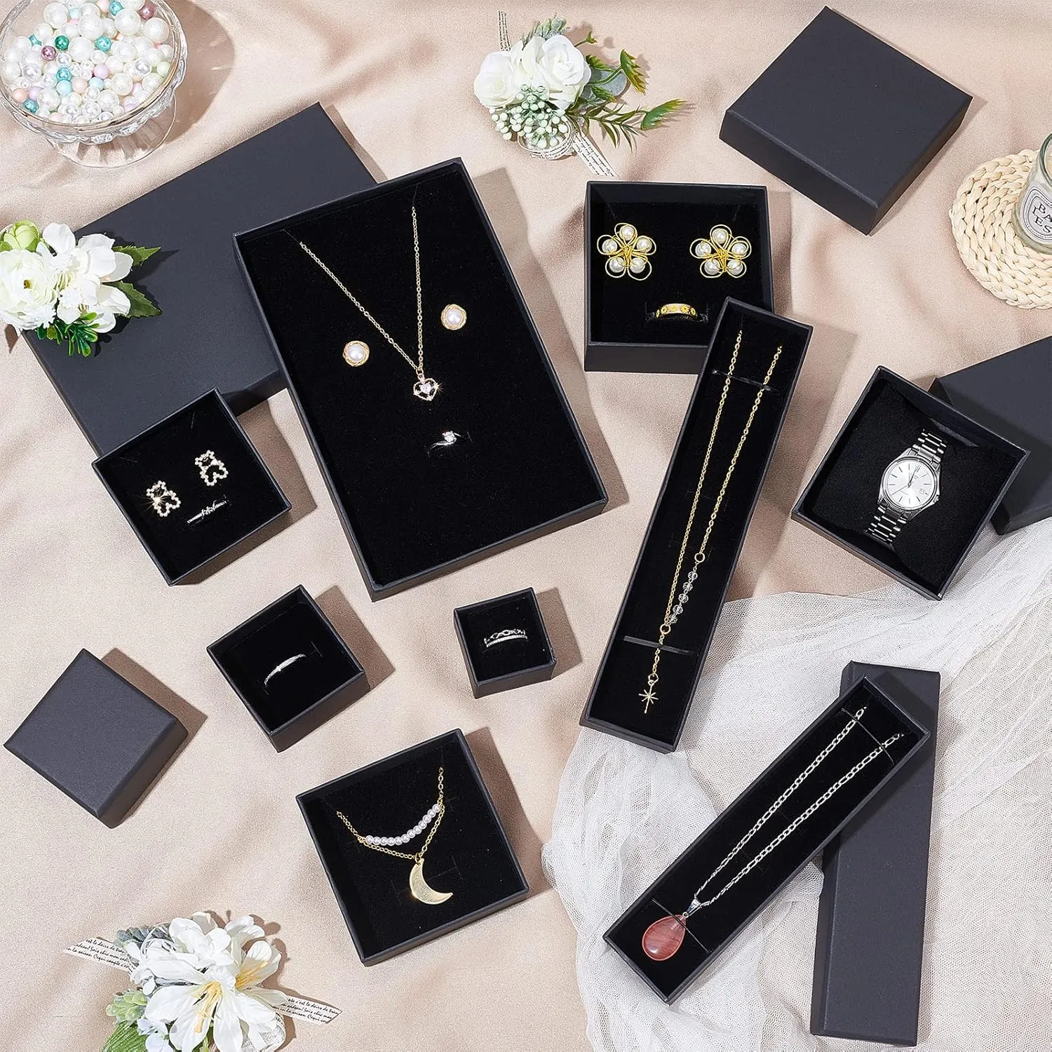 BENECREAT 24 Pack Jewelry Ring Boxes Kraft Square Cardboard Jewelry Boxes 1.7x1.7x1.18inch for Jewelry, Wedding Party, Valentine Festival Gift Packaging, Black